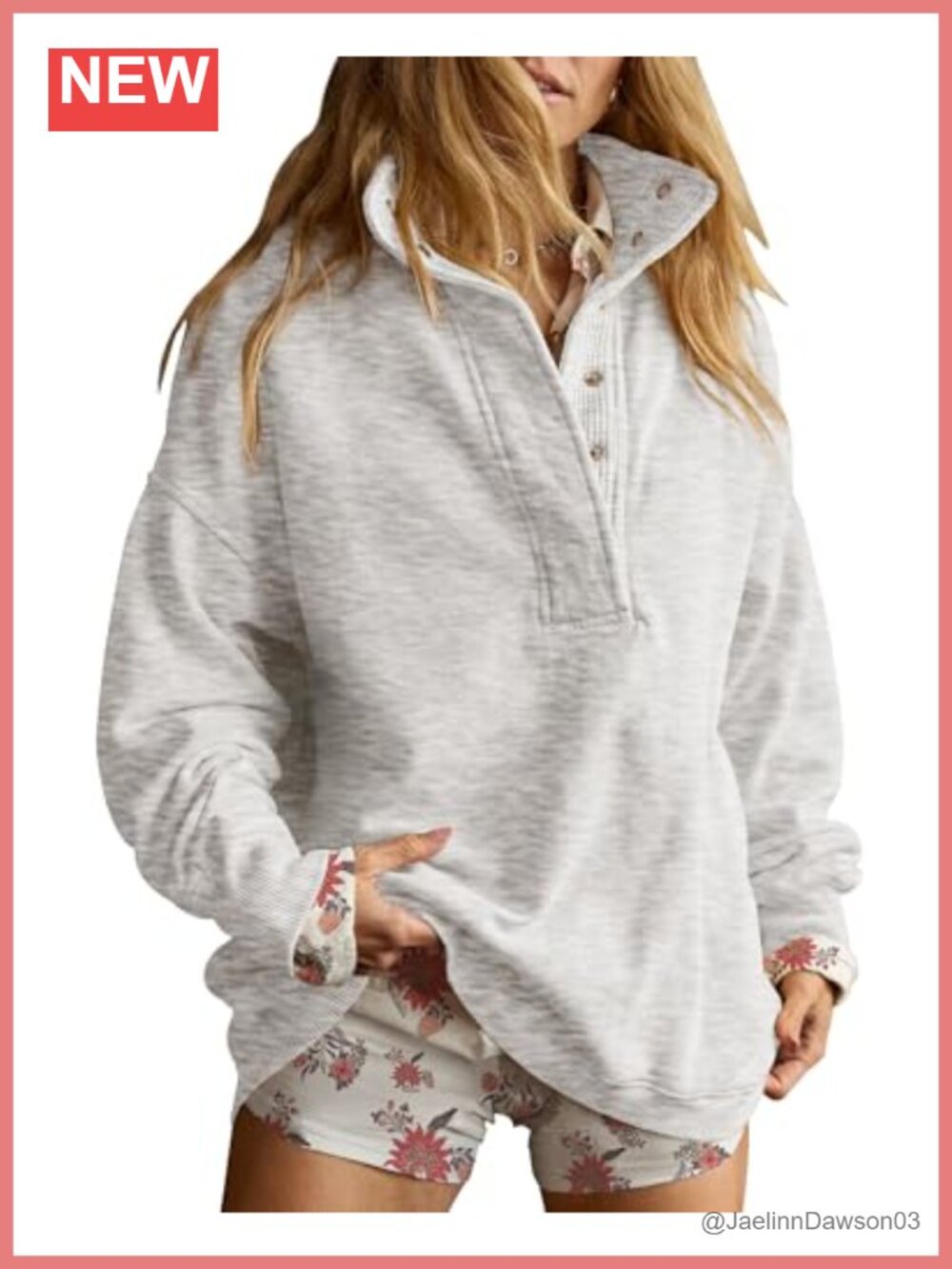 Oversized Henley Neck Sweatshirt Snap Button Pullover
